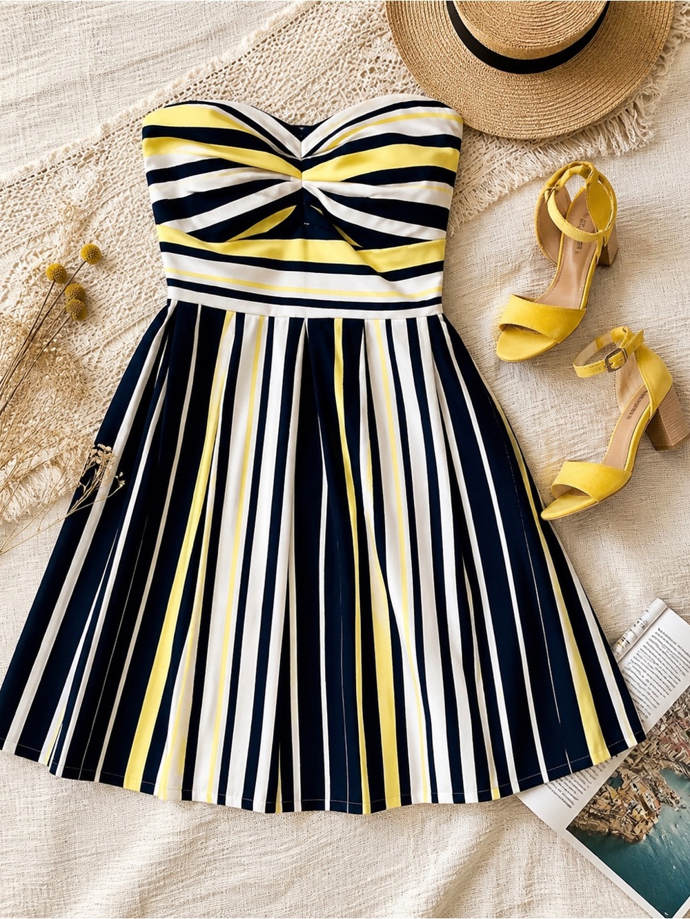 Teeze Me Strapless A-Line Dress Yellow Navy Striped Sweetheart Summer Size 5